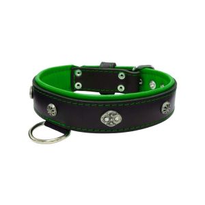 Oval carved shield motif with 2 rhinestones and round rose-colored gem with leather inlay – KD01056/75/40/BK/05