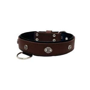 Oval carved shield motif with 2 rhinestones and round rose-colored gem with leather inlay – KD01056/75/40/BR/01