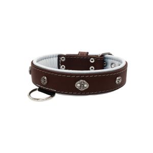 Oval carved shield motif with 2 rhinestones and round rose-colored gem with leather inlay – KD01056/75/40/BR/02