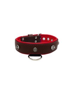 Oval carved shield motif with 2 rhinestones and round rose-colored gem with leather inlay - KD01056/75/40/BR/04