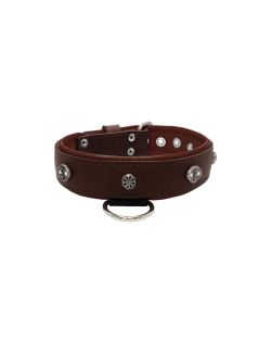 Oval carved shield motif with 2 rhinestones and round rose-colored gem with leather inlay - KD01056/75/40/BR/08