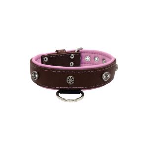 Oval carved shield motif with 2 rhinestones and round rose-colored gem with leather inlay – KD01056/75/40/BR/10