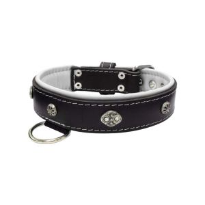 Oval carved shield motif with 2 rhinestones and round rose-colored gem with leather inlay – KD01056/80/40/BK/02