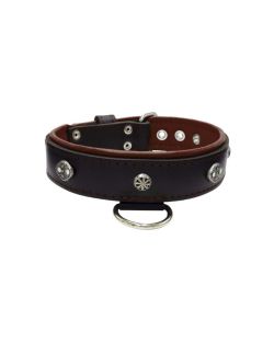 Oval carved shield motif with 2 rhinestones and round rose-colored gem with leather inlay - KD01056/80/40/BK/08
