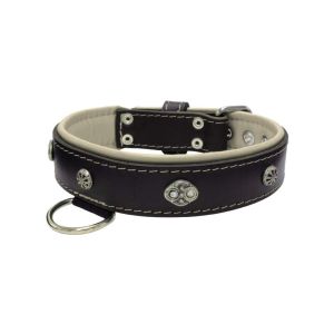 Oval carved shield motif with 2 rhinestones and round rose-colored gem with leather inlay – KD01056/80/40/BK/09