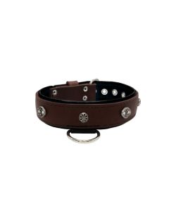 Oval carved shield motif with 2 rhinestones and round rose-colored gem with leather inlay - KD01056/80/40/BR/01