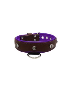 Oval carved shield motif with 2 rhinestones and round rose-colored gem with leather inlay - KD01056/80/40/BR/07