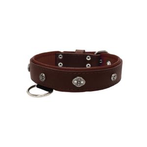 Oval carved shield motif with 2 rhinestones and round rose-colored gem with leather inlay – KD01056/80/40/BR/08