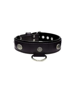 Carved round shield motif with Inca symbol and oval hammered stones with leather inlay - KD01057/65/40/BK/01