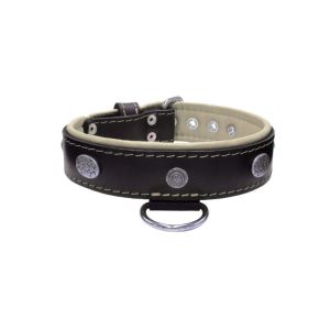 Carved round shield motif with Inca symbol and oval hammered stones with leather inlay – KD01057/65/40/BK/09