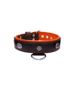 Carved round shield motif with Inca symbol and oval hammered stones with leather inlay - KD01057/65/40/BK/11