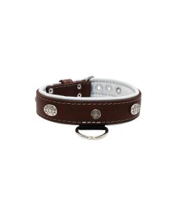 Carved round shield motif with Inca symbol and oval hammered stones with leather inlay - KD01057/65/40/BR/02