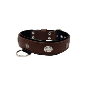 Carved round shield motif with Inca symbol and oval hammered stones with leather inlay – KD01057/70/40/BR/01