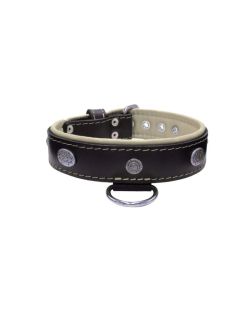 Carved round shield motif with Inca symbol and oval hammered stones with leather inlay - KD01057/80/40/BK/09
