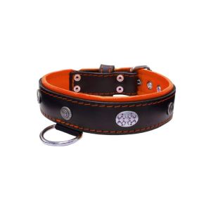 Carved round shield motif with Inca symbol and oval hammered stones with leather inlay – KD01057/80/40/BK/11