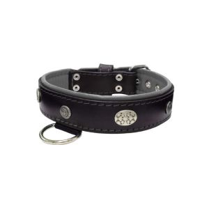 Carved round shield motif with Inca symbol and oval hammered stones with leather inlay – KD01057/80/40/BK/12