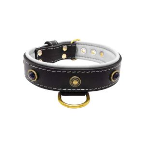 Oval black gemstone and round carved stones in bronze finish with leather inlay – KD01058/65/40/BK/02
