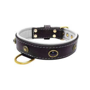 Oval black gemstone and round carved stones in bronze finish with leather inlay – KD01058/65/40/BK/02