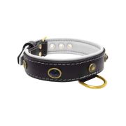 Oval black gemstone and round carved stones in bronze finish with leather inlay – KD01058/70/40/BK/02