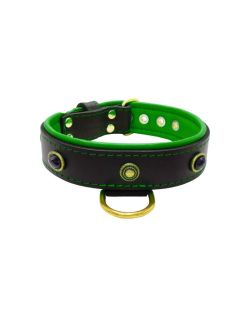Oval black gemstone and round carved stones in bronze finish with leather inlay - KD01058/70/40/BK/05