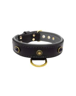Oval black gemstone and round carved stones in bronze finish with leather inlay - KD01058/70/40/BK/12