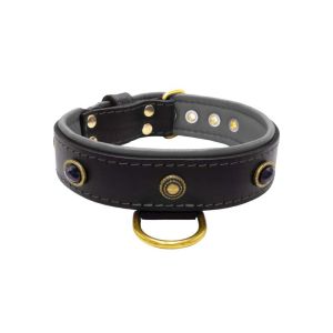 Oval black gemstone and round carved stones in bronze finish with leather inlay – KD01058/70/40/BK/12