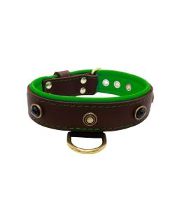 Oval black gemstone and round carved stones in bronze finish with leather inlay - KD01058/70/40/BR/05
