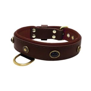 Oval black gemstone and round carved stones in bronze finish with leather inlay – KD01058/70/40/BR/08