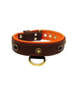 Oval black gemstone and round carved stones in bronze finish with leather inlay - KD01058/70/40/BR/11