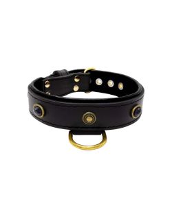 Oval black gemstone and round carved stones in bronze finish with leather inlay - KD01058/75/40/BK/01