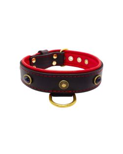 Oval black gemstone and round carved stones in bronze finish with leather inlay - KD01058/75/40/BK/04