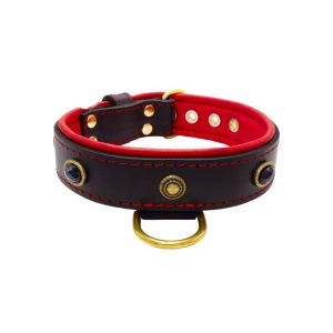 Oval black gemstone and round carved stones in bronze finish with leather inlay – KD01058/75/40/BK/04