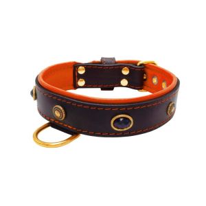 Oval black gemstone and round carved stones in bronze finish with leather inlay – KD01058/75/40/BK/11