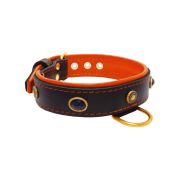 Oval black gemstone and round carved stones in bronze finish with leather inlay – KD01058/75/40/BK/11