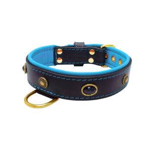 Oval black gemstone and round carved stones in bronze finish with leather inlay – KD01058/75/40/BK/14