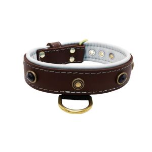 Oval black gemstone and round carved stones in bronze finish with leather inlay – KD01058/75/40/BR/02