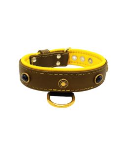 Oval black gemstone and round carved stones in bronze finish with leather inlay - KD01058/75/40/BR/06
