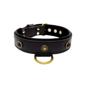 Oval black gemstone and round carved stones in bronze finish with leather inlay – KD01058/80/40/BK/01