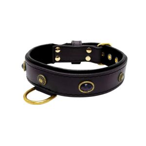 Oval black gemstone and round carved stones in bronze finish with leather inlay – KD01058/80/40/BK/01