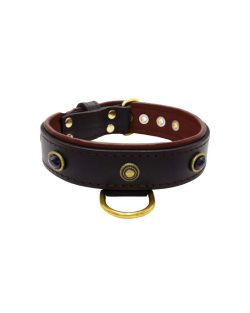 Oval black gemstone and round carved stones in bronze finish with leather inlay - KD01058/80/40/BK/08