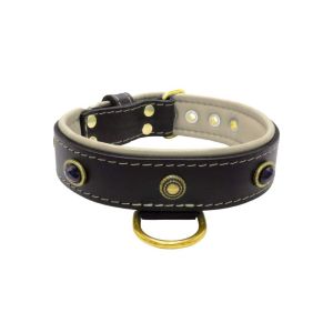 Oval black gemstone and round carved stones in bronze finish with leather inlay – KD01058/80/40/BK/09