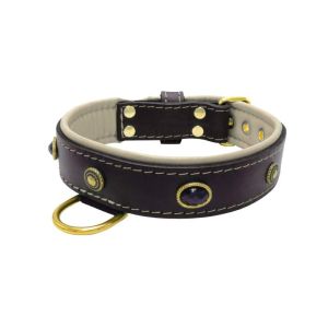 Oval black gemstone and round carved stones in bronze finish with leather inlay – KD01058/80/40/BK/09