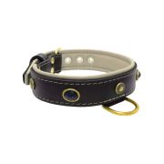 Oval black gemstone and round carved stones in bronze finish with leather inlay – KD01058/80/40/BK/09