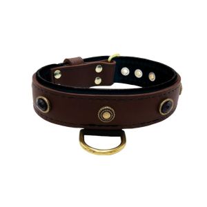 Oval black gemstone and round carved stones in bronze finish with leather inlay – KD01058/80/40/BR/01