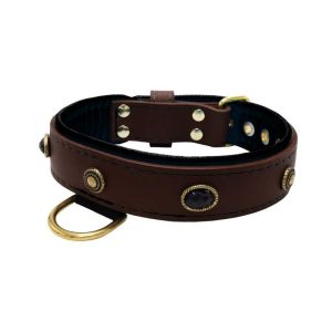 Oval black gemstone and round carved stones in bronze finish with leather inlay – KD01058/80/40/BR/01