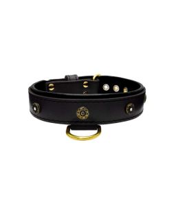 Flower-shaped motif with rhinestones and carved round shield with leather inlay - KD01059/65/40/BK/01