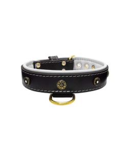 Flower-shaped motif with rhinestones and carved round shield with leather inlay - KD01059/65/40/BK/02