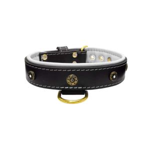 Flower-shaped motif with rhinestones and carved round shield with leather inlay – KD01059/65/40/BK/02