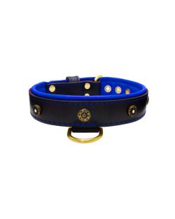 Flower-shaped motif with rhinestones and carved round shield with leather inlay - KD01059/65/40/BK/03