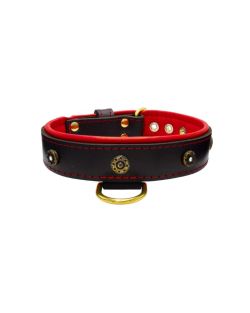 Flower-shaped motif with rhinestones and carved round shield with leather inlay - KD01059/65/40/BK/04